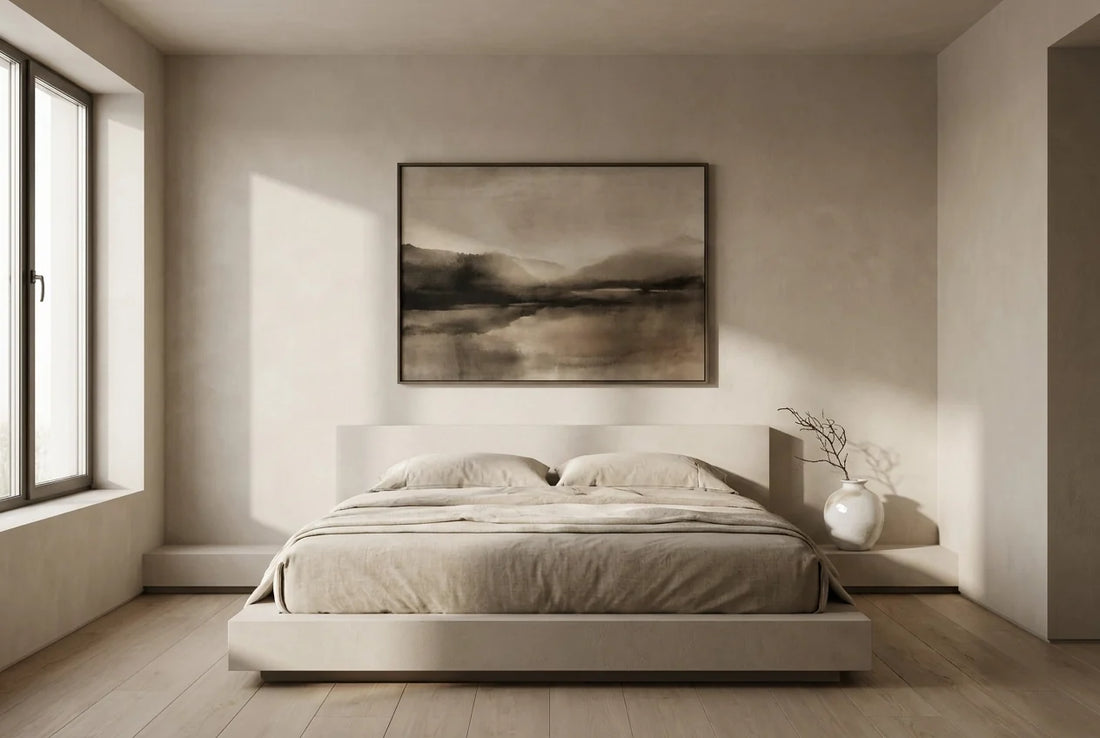 Professional header image for educational tutorial: Wandbilder im Schlafzimmer: So wählst und positionierst d...