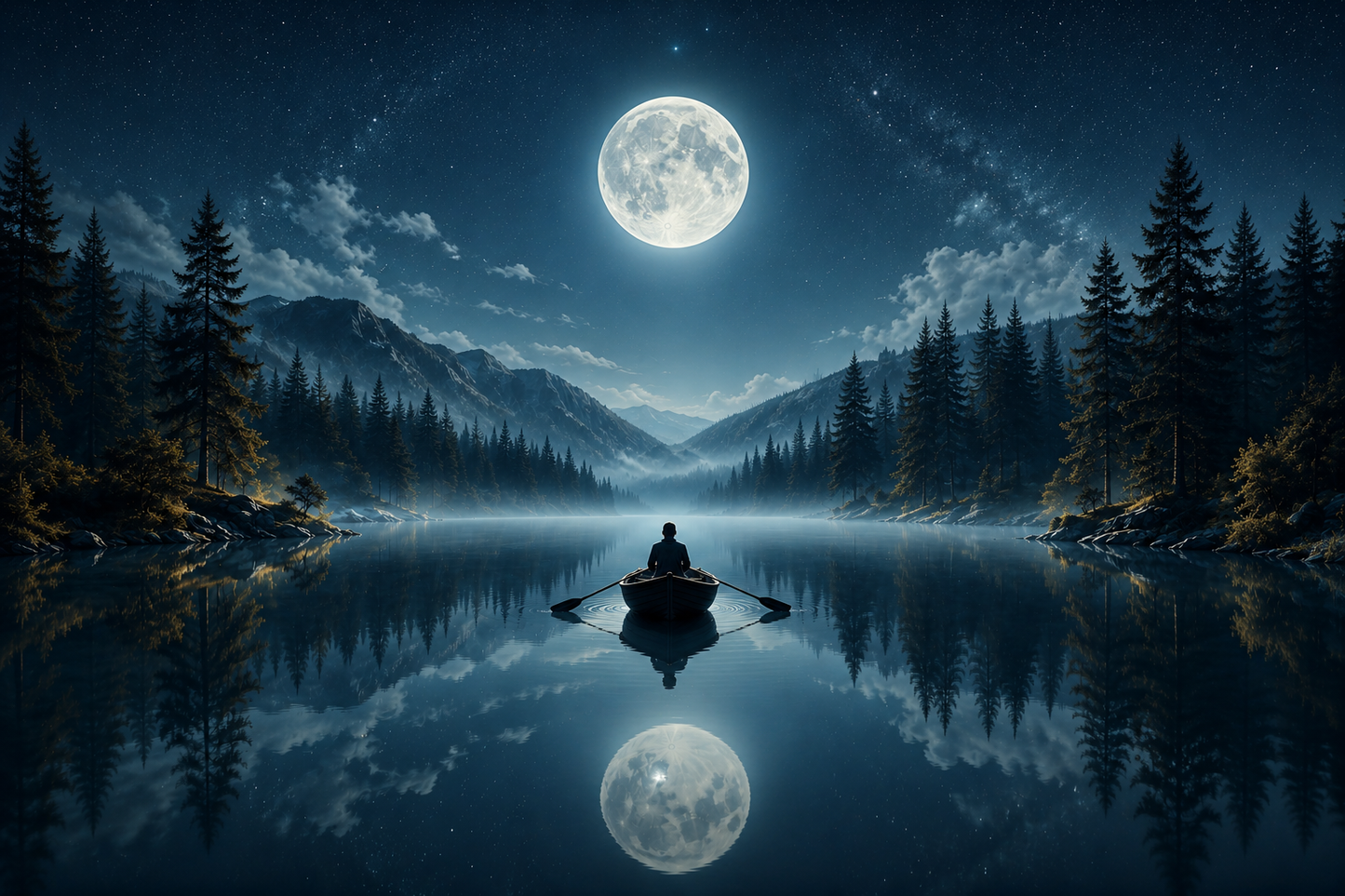 Moonlit lake canvas wall art with forest reflections and mountain landscape by Luna & Pine
