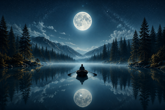 Moonlit lake canvas wall art with forest reflections and mountain landscape by Luna & Pine