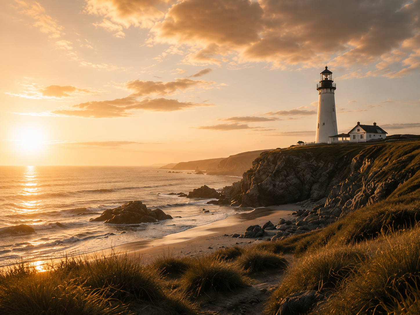 Coastal lighthouse canvas wall art with golden sunset, ocean cliffs and beach landscape by Luna & Pine